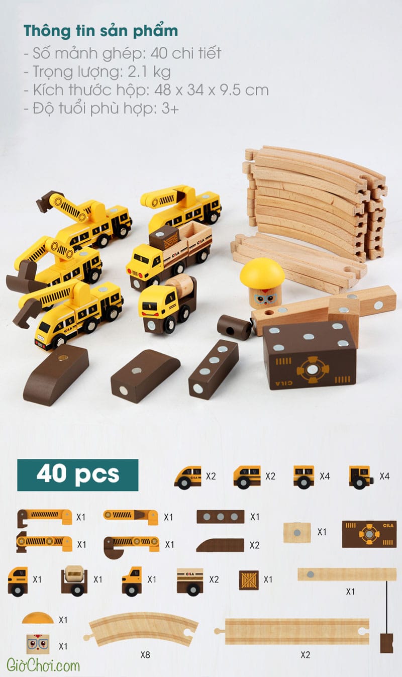 Giờ Chơi - Time to Play: Bộ đồ chơi lắp ráp Robot và các loại phương tiện bằng gỗ 40 chi tiết